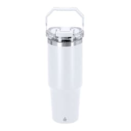 A drink bottle in white with a transparent lid and a handle, featuring a logo on the base.