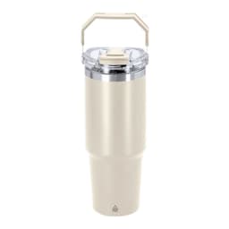 A drink bottle in cream colour with a transparent lid and a handle, featuring a logo on the body.