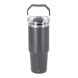 A drink bottle in matte grey with a clear lid and carrying handle. Features a sleek design and logo.