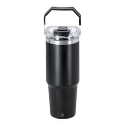 A drink bottle featuring a black insulated body, a transparent lid, and a sturdy handle, with a logo.