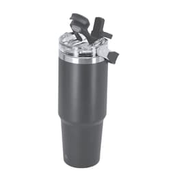 A drink bottle with a dark grey insulated body, featuring a clear lid and a spout, equipped with a logo.