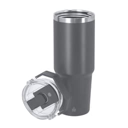 A drink bottle in grey with a stainless steel rim and a clear lid featuring a flip-top opening.