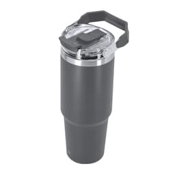 A drink bottle in matte grey with a clear lid and a handle, featuring a logo. Ideal for keeping beverages insulated.