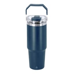 A drink bottle in navy blue with a clear lid and a handle, featuring a branding logo.