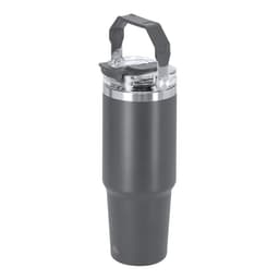 A drink bottle with a black matte finish, featuring a transparent lid, a handle, and a silver band.