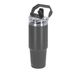 A drink bottle in matte black with a clear lid and a built-in handle, featuring a logo.