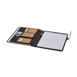 A black folder featuring card slots, a pen, and a lined notepad inside, with a logo design.