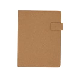 A brown folder with a flap and button closure, made from a cork-like material, featuring a logo on the front.