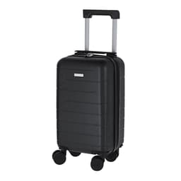 A wheeled bag in black with a textured surface and a retractable handle, featuring four wheels for easy mobility.