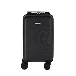 A wheeled bag in sleek black, featuring a textured surface and a logo on the front.
