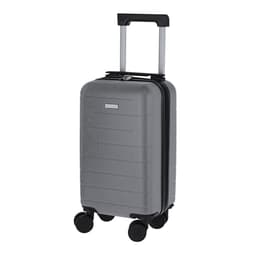 A grey wheeled bag with a retractable handle and four wheels for easy transport. It features a sleek, hard shell design.