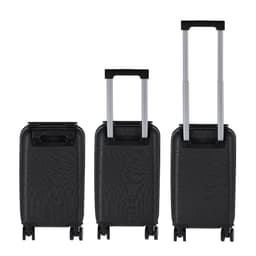 A set of three black wheeled bags, featuring a telescopic handle and smooth wheels for easy mobility.