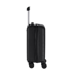 A wheeled bag in sleek black with a telescopic handle and four wheels for easy movement. It has a smooth, sturdy exterior.