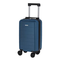 A wheeled bag in deep blue with a sturdy handle and spinner wheels for easy mobility. Features a logo on the front.