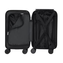 A black wheeled bag with a dual compartment design, featuring interior pockets and adjustable straps for securing contents.