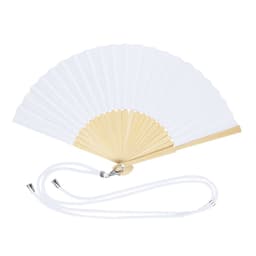 A handheld fan with white fabric and a bamboo handle, accompanied by a white strap.