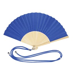 A handheld fan with a blue and beige design, featuring a matching blue strap. It has a simple logo on the handle.
