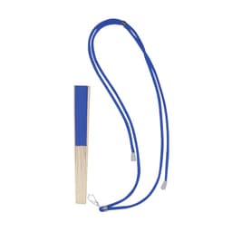 A blue handheld fan with a wooden base and a cord for carrying. It also has a logo or branding.