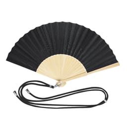 A black and cream handheld fan with a cord for carrying, featuring a ribbed design.