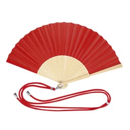 A red handheld fan with a cream base and a red strap for easy carrying. It features a logo on the fan's base.