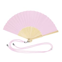 A pink handheld fan with a wooden base and a matching lanyard for easy carrying.