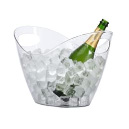 A clear ice bucket filled with ice cubes and a green champagne bottle, featuring two curved handles.
