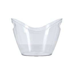 A clear ice bucket with a modern design featuring two cut-out handles for easy carrying.