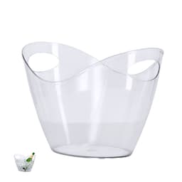 A transparent ice bucket with a modern design, featuring two handle cut-outs for easy lifting.