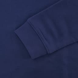 A navy blue hoodie with a close-up view of the sleeve cuff, featuring a simple, smooth finish.