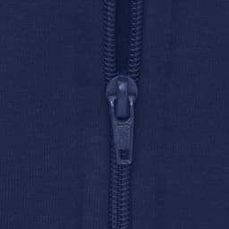A navy hoodie featuring a front zipper and a smooth fabric texture, with a logo on the garment.