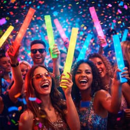 A vibrant scene with people holding glowing sticks in various colours, surrounded by confetti and cheering.