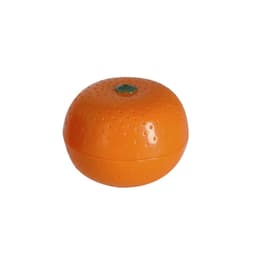 An orange, spherical lip balm container with a textured surface and a green accent on top.