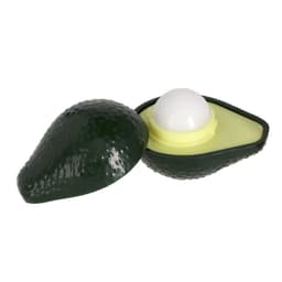 A green avocado-shaped container with a white lip balm inside and a yellow base. Includes a logo on the exterior.