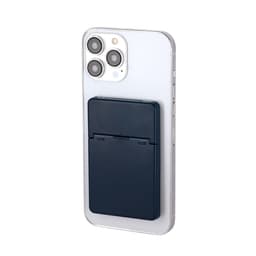 A mobile phone with a navy blue wallet attachment on the back, featuring a sleek design and camera lenses visible.
