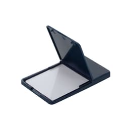 A navy phone wallet featuring a clear inner section and a folding design. It includes a logo on the exterior.