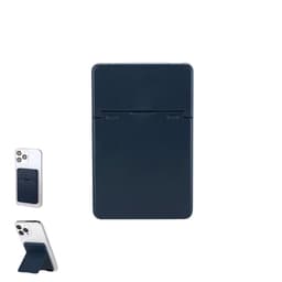 A navy phone wallet with a sleek design, shown alone and attached to a smartphone, including a built-in stand.
