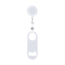 A drink bottle opener keyring in white colour with a retractable reel and a branding logo.