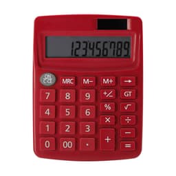 A red calculator with a clear display and buttons for numbers and functions. It features a logo on the top.