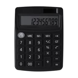 A black calculator featuring a large display and plastic buttons in a standard layout, with a logo on the top.