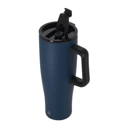 A drink bottle in navy blue with a black handle and a flip-top lid. It features a logo.