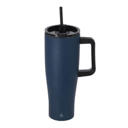 A drink bottle in navy blue with a black handle and a straw, featuring a logo on the base.