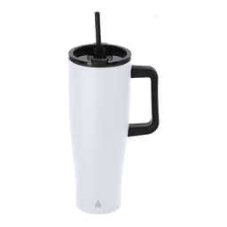 A drink bottle with a white exterior and a black handle, featuring a built-in straw and lid.