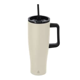 An insulated mug in a cream colour with a black handle and straw, featuring a logo on the side.