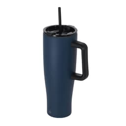 A drink bottle in navy blue with a black handle and a straw lid. It features a logo on the body.