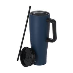 A drink bottle in navy blue with a black handle, lid, and a black straw. It features a logo.