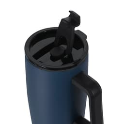 A drink bottle featuring a blue insulated exterior, a black lid with a spout, and a handle. It has a branding logo.
