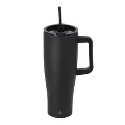 A drink bottle in matte black with a handle and straw, featuring a logo on the side.