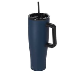 A drink bottle featuring an insulated design, in navy blue with a black lid and straw, includes a handle.