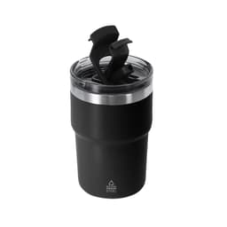 A black insulated cup with a clear lid and a built-in straw. Features a stainless steel base and a logo.