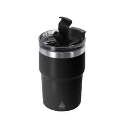 A drink bottle featuring an insulated black body, a silver rim, and a black lid with a straw opening.